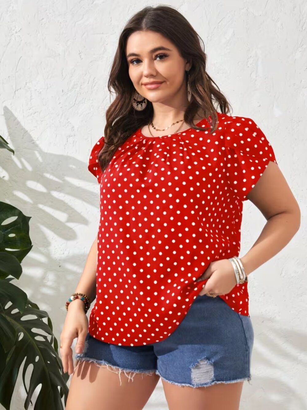 Plus Size Polka Dot Print Top, Casual Crew Neck Short Sleeve Top
